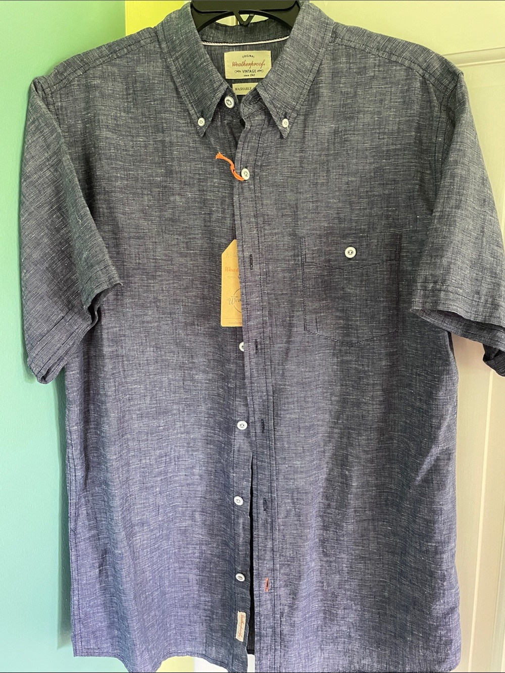 NWT Weatherproof Men's Chambray Short Sleeve Button-Down Shirt - Navy